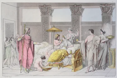 O casamento de Ulisses e Penélope, ilustração de &39;Le Costume Ancien ou Moderne&39; de Jules Ferrario, gravado por A. Biasoli, Milão 1821 (gravura a cores)